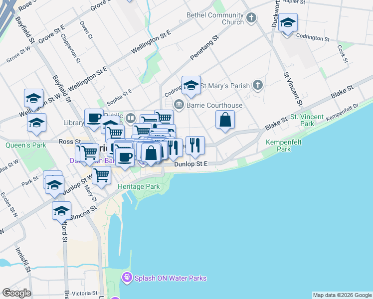 map of restaurants, bars, coffee shops, grocery stores, and more near 115 Collier Street in Barrie