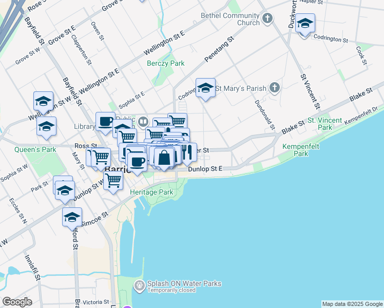 map of restaurants, bars, coffee shops, grocery stores, and more near 103 Collier Street in Barrie