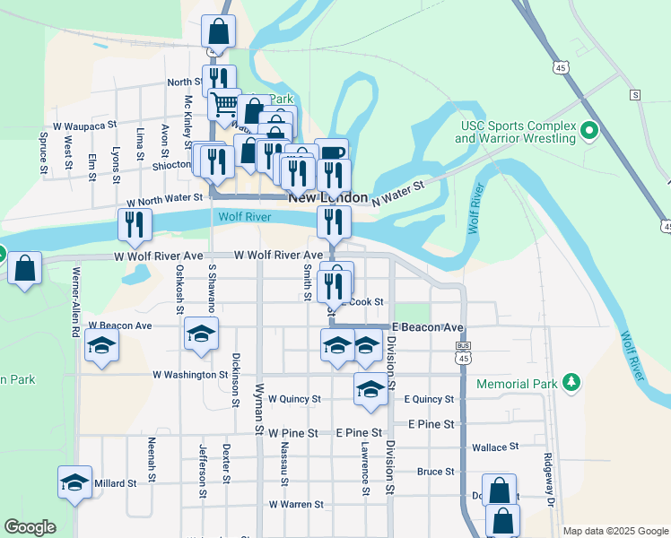 map of restaurants, bars, coffee shops, grocery stores, and more near 211 South Pearl Street in New London