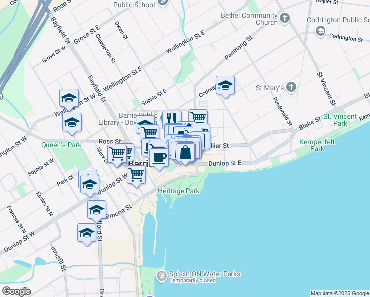 map of restaurants, bars, coffee shops, grocery stores, and more near 69 Collier Street in Barrie
