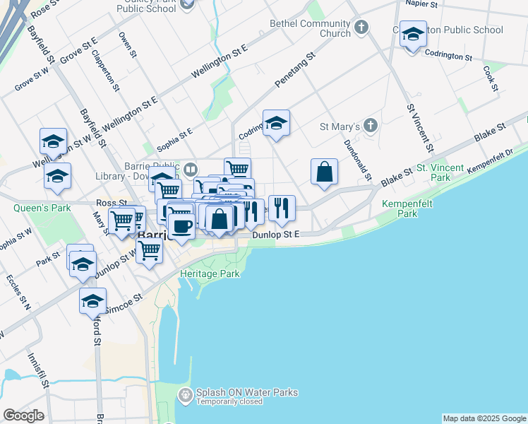 map of restaurants, bars, coffee shops, grocery stores, and more near in Barrie