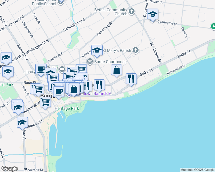 map of restaurants, bars, coffee shops, grocery stores, and more near 141 Collier Street in Barrie