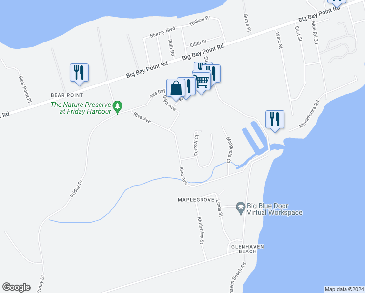 map of restaurants, bars, coffee shops, grocery stores, and more near Riva Avenue in Innisfil