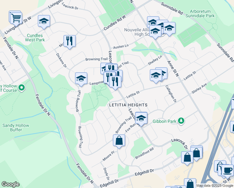 map of restaurants, bars, coffee shops, grocery stores, and more near 406 Leacock Drive in Barrie