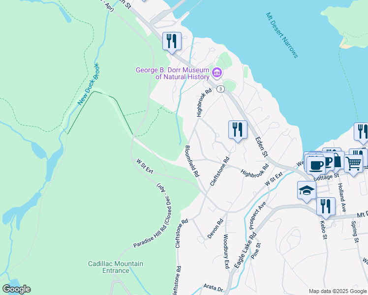 map of restaurants, bars, coffee shops, grocery stores, and more near 5 Bloomfield Road in Bar Harbor