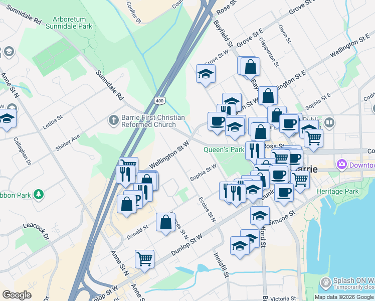 map of restaurants, bars, coffee shops, grocery stores, and more near 36 Thomson Street in Barrie