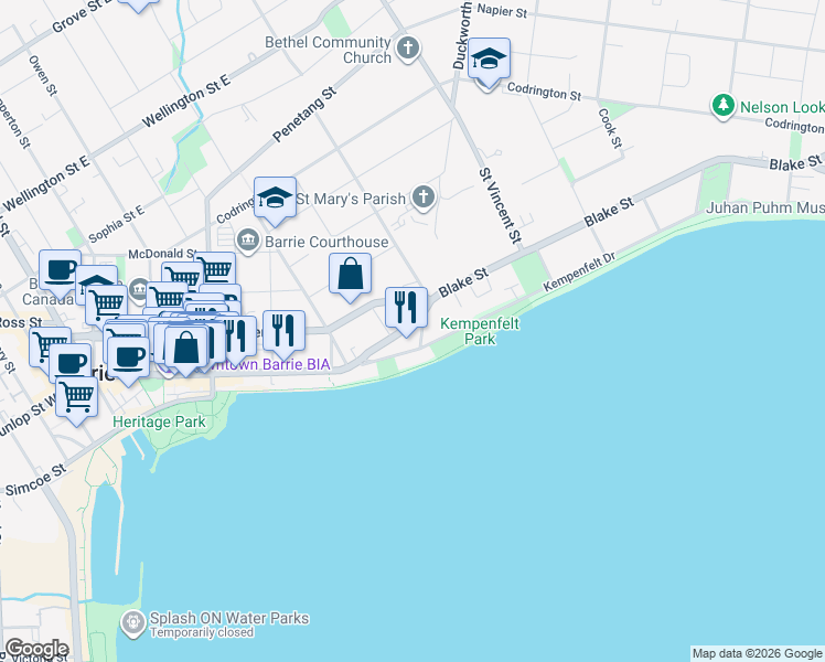 map of restaurants, bars, coffee shops, grocery stores, and more near in Barrie