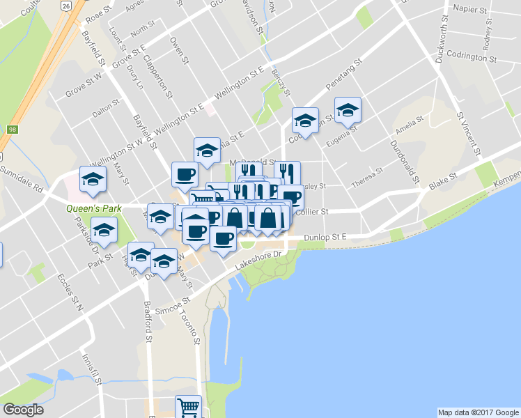 map of restaurants, bars, coffee shops, grocery stores, and more near 60 Collier Street in Barrie