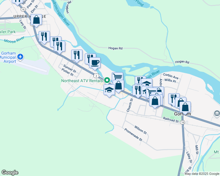 map of restaurants, bars, coffee shops, grocery stores, and more near 185 Main Street in Gorham
