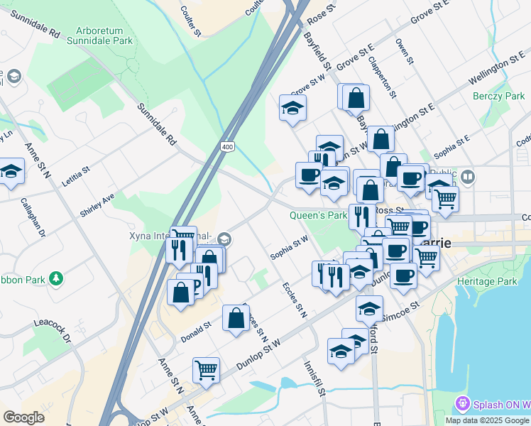 map of restaurants, bars, coffee shops, grocery stores, and more near 38 Thomson Street in Barrie