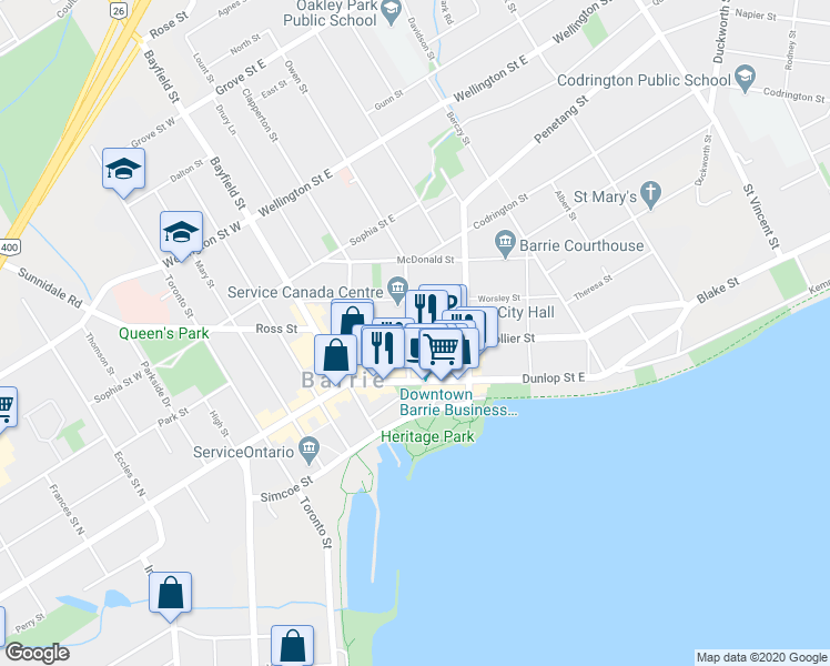 map of restaurants, bars, coffee shops, grocery stores, and more near 48 Collier Street in Barrie
