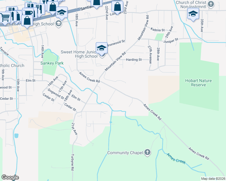 map of restaurants, bars, coffee shops, grocery stores, and more near 2191 Ames Creek Road in Sweet Home