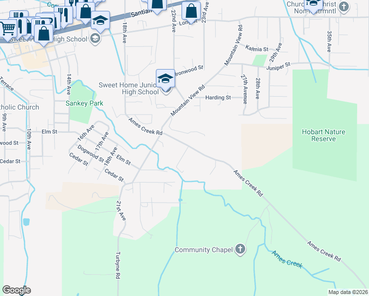 map of restaurants, bars, coffee shops, grocery stores, and more near 2191 Ames Creek Road in Sweet Home