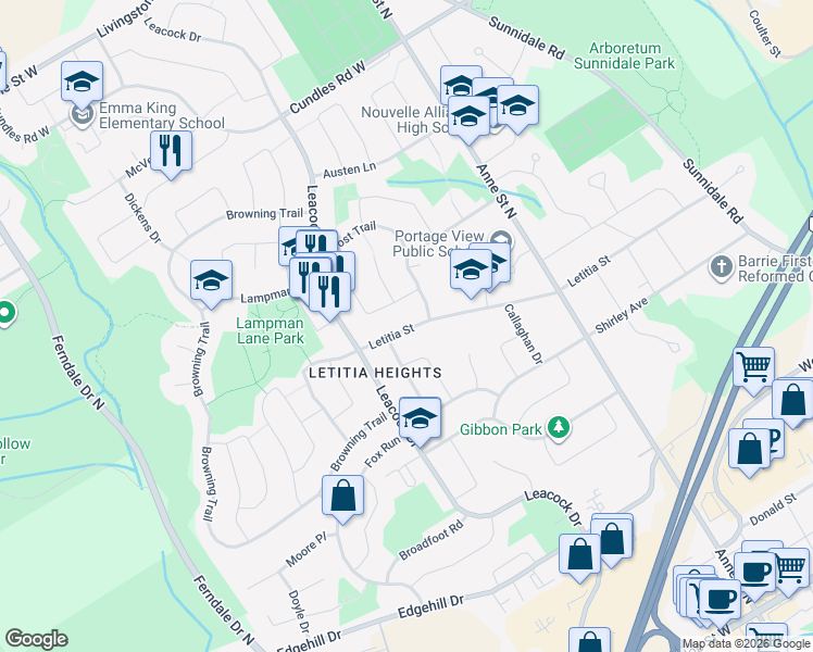 map of restaurants, bars, coffee shops, grocery stores, and more near 156 Letitia Street in Barrie