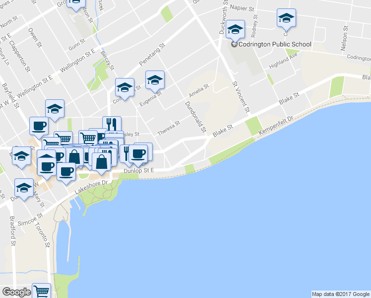 map of restaurants, bars, coffee shops, grocery stores, and more near in Barrie