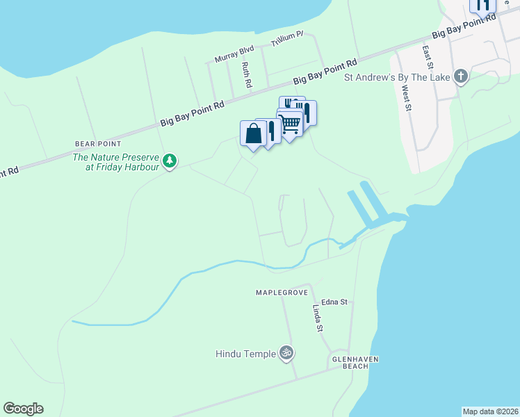 map of restaurants, bars, coffee shops, grocery stores, and more near Riva Avenue in Innisfil