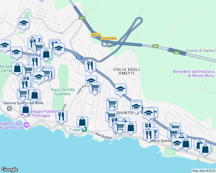 map of restaurants, bars, coffee shops, grocery stores, and more near 22 Via Antica Romana di Quinto in Genova