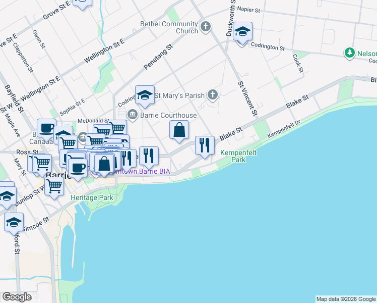 map of restaurants, bars, coffee shops, grocery stores, and more near 171 Collier Street in Barrie