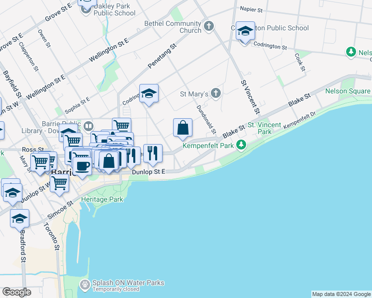 map of restaurants, bars, coffee shops, grocery stores, and more near in Barrie
