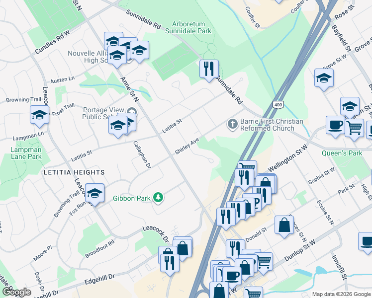 map of restaurants, bars, coffee shops, grocery stores, and more near in Barrie