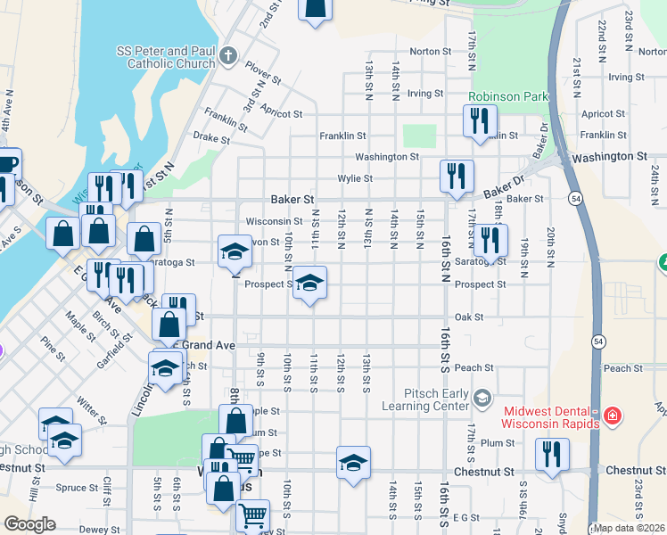 map of restaurants, bars, coffee shops, grocery stores, and more near 321 12th Street South in Wisconsin Rapids