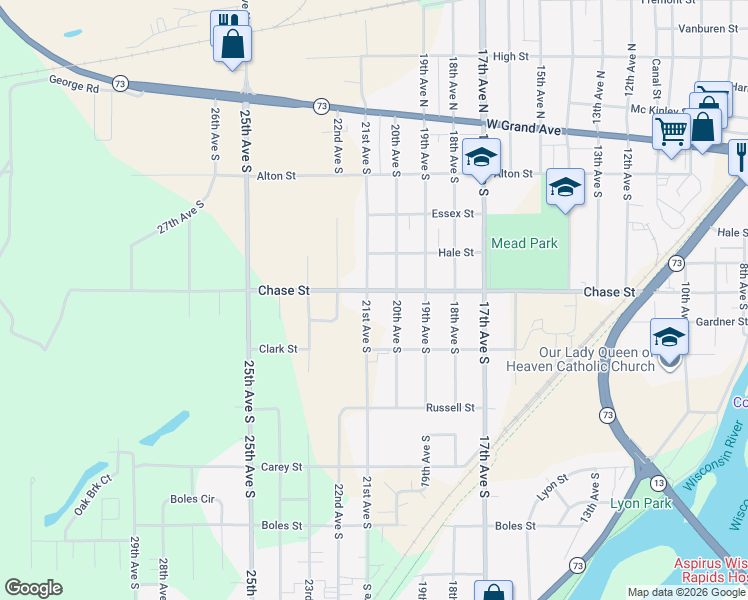 map of restaurants, bars, coffee shops, grocery stores, and more near 2110 Chase Street in Wisconsin Rapids