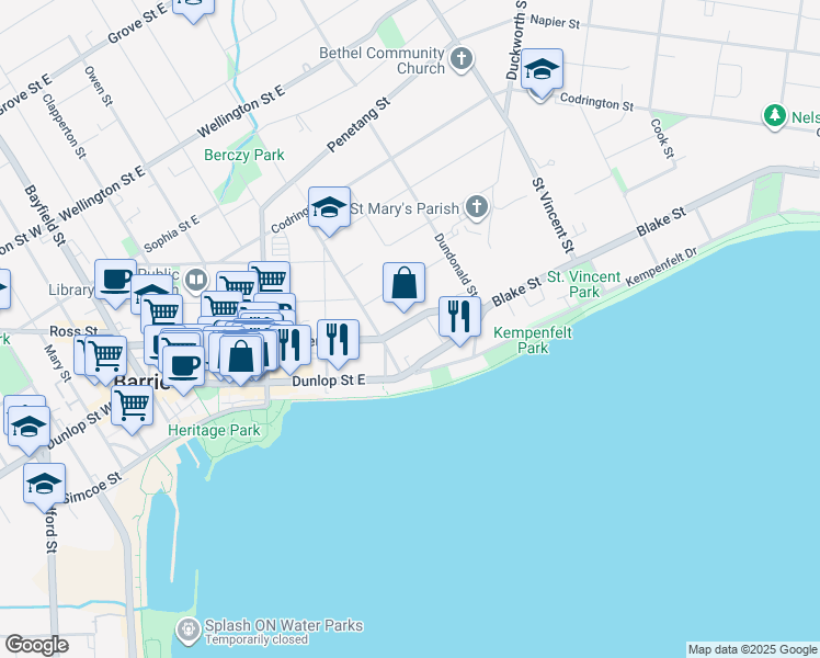 map of restaurants, bars, coffee shops, grocery stores, and more near 166 Collier Street in Barrie