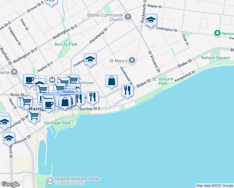 map of restaurants, bars, coffee shops, grocery stores, and more near 171 Collier Street in Barrie