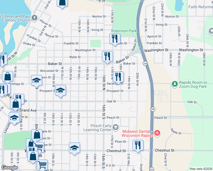 map of restaurants, bars, coffee shops, grocery stores, and more near 240 16th St N in Wisconsin Rapids