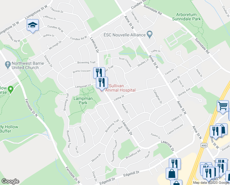 map of restaurants, bars, coffee shops, grocery stores, and more near 27 Kipling Place in Barrie