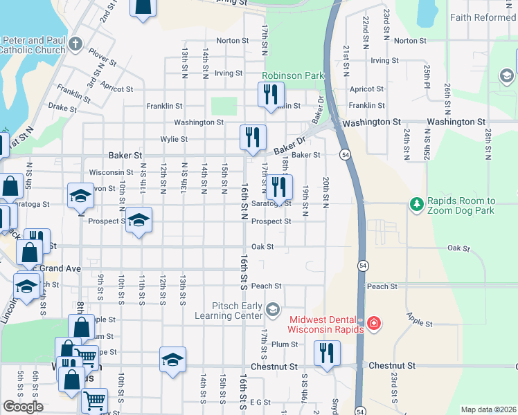 map of restaurants, bars, coffee shops, grocery stores, and more near 240 16th Street North in Wisconsin Rapids