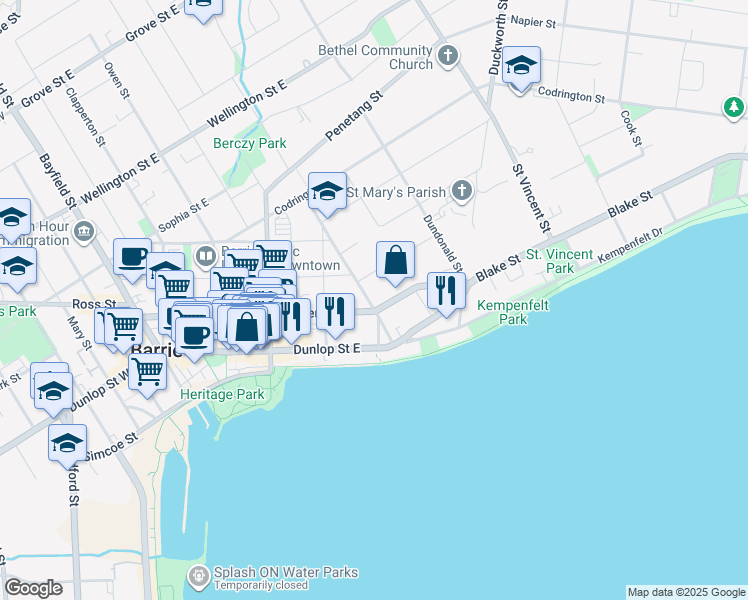 map of restaurants, bars, coffee shops, grocery stores, and more near 25 Berczy Street in Barrie