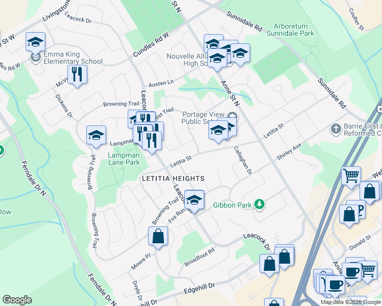 map of restaurants, bars, coffee shops, grocery stores, and more near 156 Letitia Street in Barrie