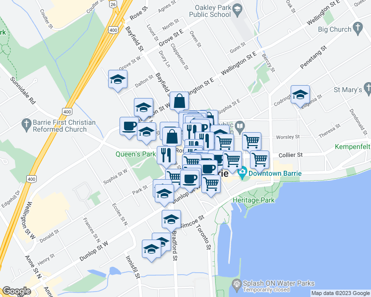 map of restaurants, bars, coffee shops, grocery stores, and more near 81 Maple Avenue in Barrie