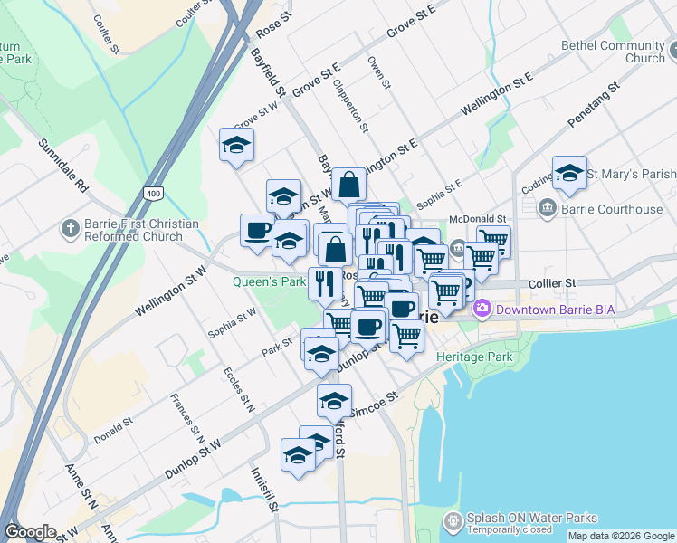 map of restaurants, bars, coffee shops, grocery stores, and more near 30 Ross Street in Barrie