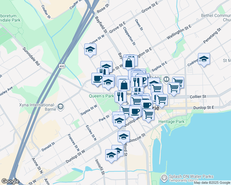 map of restaurants, bars, coffee shops, grocery stores, and more near 36 Sophia Street West in Barrie