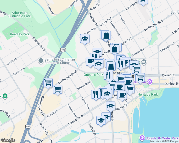 map of restaurants, bars, coffee shops, grocery stores, and more near 74 Ross Street in Barrie