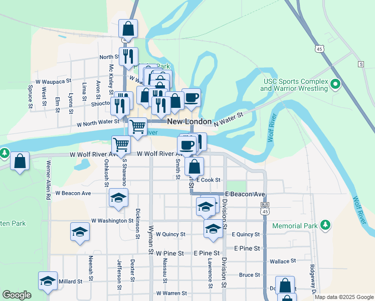map of restaurants, bars, coffee shops, grocery stores, and more near 211 S Pearl St in New London