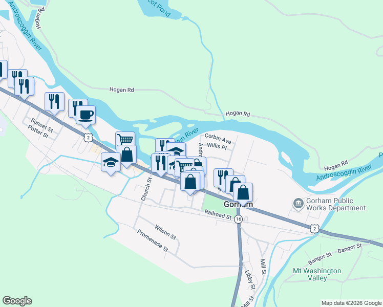 map of restaurants, bars, coffee shops, grocery stores, and more near 18 Mechanic Street in Gorham