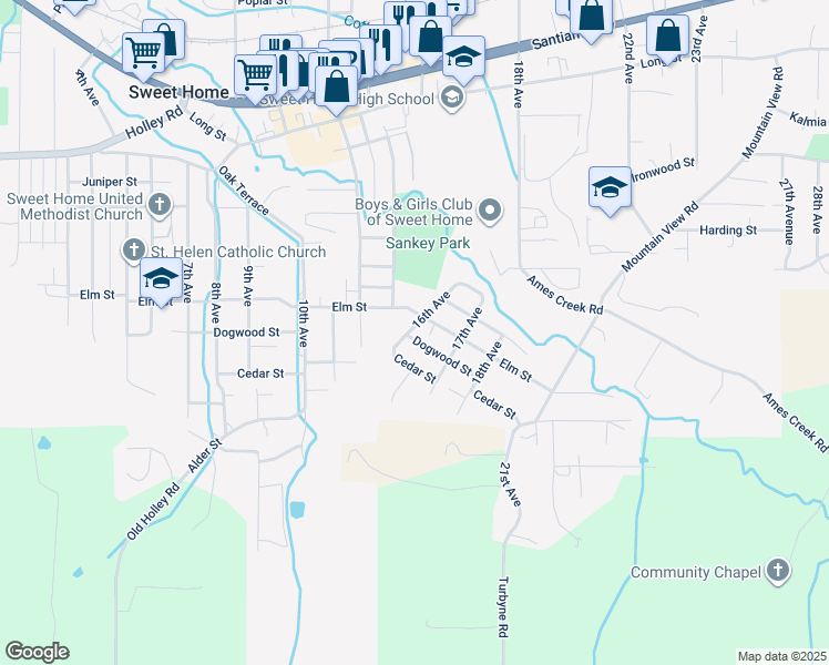 map of restaurants, bars, coffee shops, grocery stores, and more near 409 16th Avenue in Sweet Home