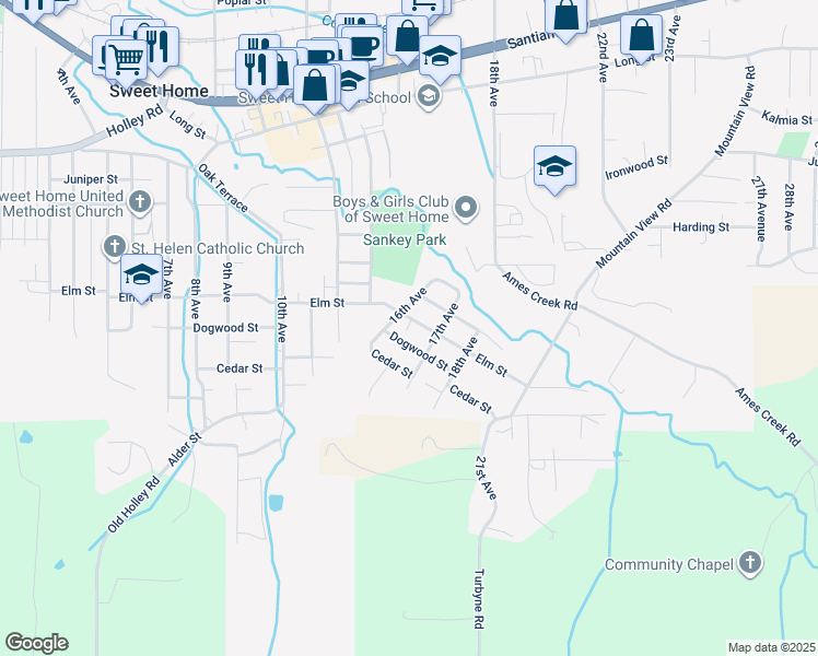 map of restaurants, bars, coffee shops, grocery stores, and more near 409 16th Avenue in Sweet Home