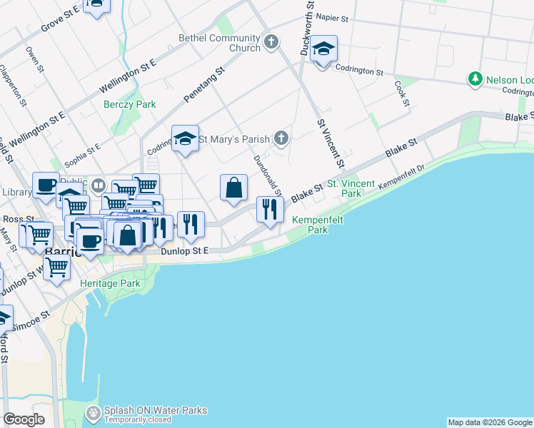 map of restaurants, bars, coffee shops, grocery stores, and more near in Barrie