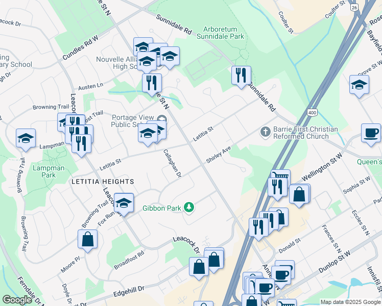 map of restaurants, bars, coffee shops, grocery stores, and more near 170 Anne Street North in Barrie
