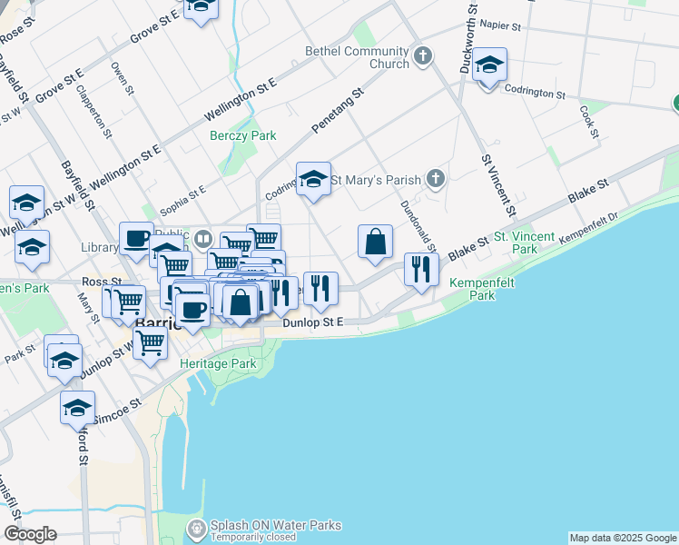 map of restaurants, bars, coffee shops, grocery stores, and more near 32 Berczy Street in Barrie