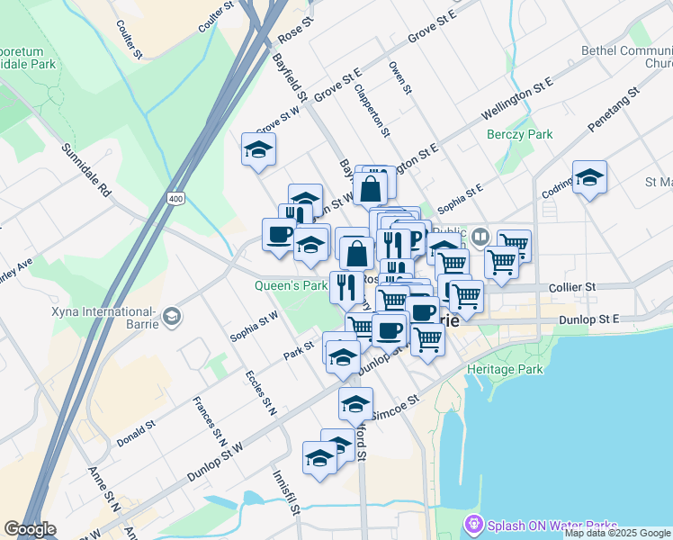 map of restaurants, bars, coffee shops, grocery stores, and more near 36 Sophia Street West in Barrie