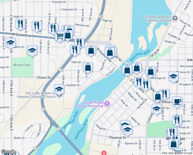 map of restaurants, bars, coffee shops, grocery stores, and more near 350 1st Avenue South in Wisconsin Rapids