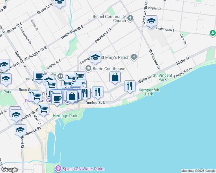 map of restaurants, bars, coffee shops, grocery stores, and more near 27 Berczy Street in Barrie