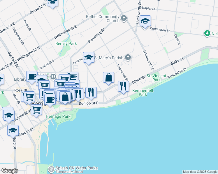 map of restaurants, bars, coffee shops, grocery stores, and more near 166 Collier Street in Barrie