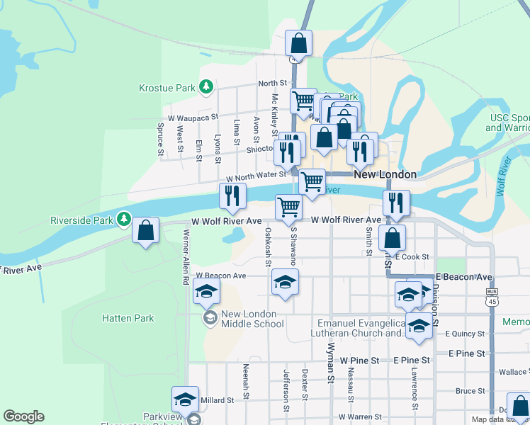 map of restaurants, bars, coffee shops, grocery stores, and more near 617 West Wolf River Avenue in New London