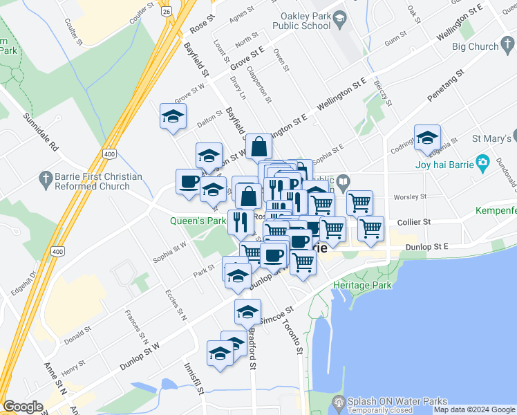 map of restaurants, bars, coffee shops, grocery stores, and more near 90 Maple Avenue in Barrie